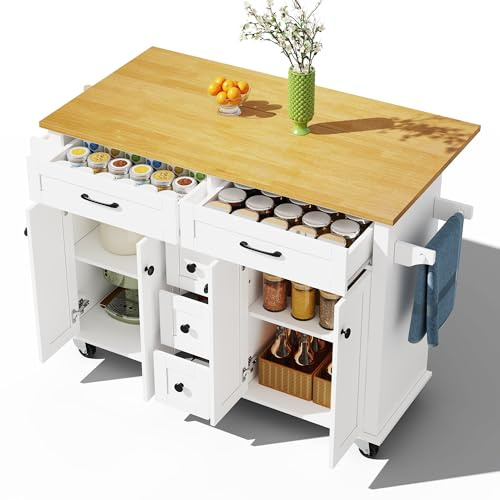 Azkoeesy Isola della cucina su 5 ruote con piano di lavoro espandibile, carrello da cucina con tavolo da pranzo pieghevole 120 x 40-65 cm, 5 cassetti, portaspezie e portaspezie (bianco con motivo in