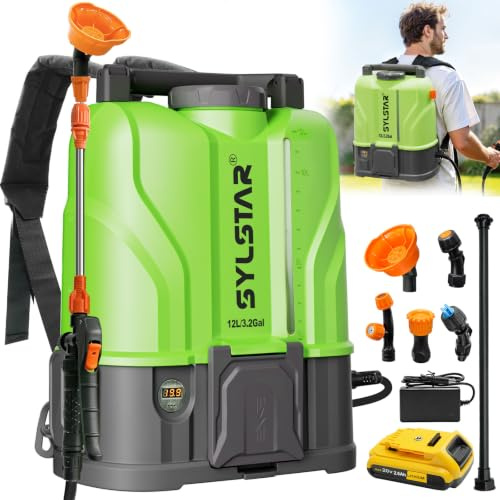 SYLSTAR Pompa Irroratrice a Batteria 12L, 7Bar Potente Pompa a Spalla a Batteria Compatibile con DeWalt 18V Batterie, Spruzzatore Elettrico Velocità Regolabile,5 Ugelli (Caricabatterie Incluso)
