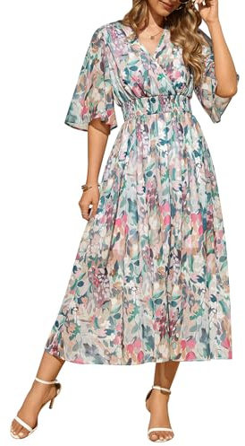 PASUDA Vestidos Verano Mujer Manga Corta Vestido Largo Cuello en V Estampada Elástico Cintura Alta Bohemio Midi Vestido Elegante de Playa Casual Fiesta Invitada Boda (Flores de Colores, XL)