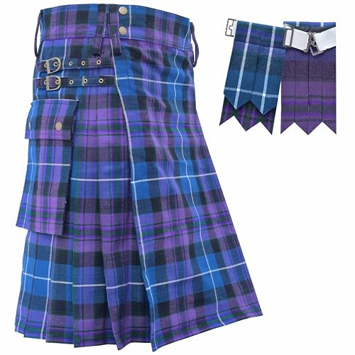 Utility Kilt - 5 Yard 16oz Acrylic Wool Tartan - Scottish Modern Utility Kilts for Men, Adjustable Strap - Traditional Highland Costume - Cargo Kilt (Pride of Scotland, Belly Button - 36 Inches)