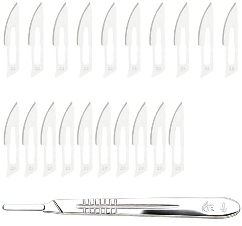 20 Lames Scalpel Stériles #23 Acier Carbone avec Manche #4 Inoxydable | Dermaplaning retrait acné, réparation chirurgie, rasoir précision, coupe fine bricolage, tranchant net affûté outil