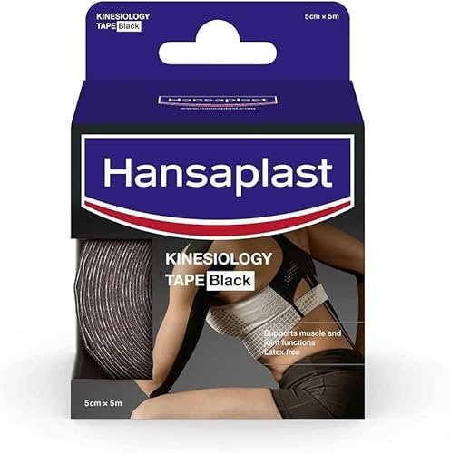 Hansaplast Kinesiologie Tape, wasserfestes Sport Tape lindert Muskelschmerzen und fördert die Durchblutung*, Kinesio Tape bietet Unterstützung für Gelenke und Muskeln*, 1 Rolle, Schwarz