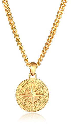 Kuzzoi Herren Silber-Halskette mit Kompass Anhänger (34 mm), 925 Sterling Silber vergoldet, Maritime Panzerkette, Herrenkette mit Anhänger handgearbeitet, Länge 50 oder 60cm