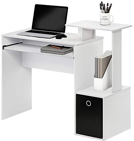 BAKAJI Scrivania con Cassetto in Tessuto Ripiano Superiore libreria e Portatastiera Estraibile Tavolo da Lavoro Porta PC Computer in Legno MDF Arredamento Casa Ufficio Cameretta (Bianco)