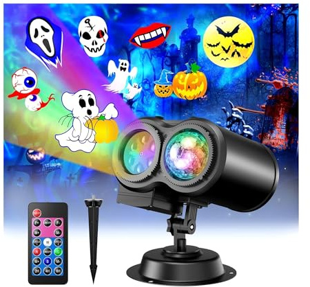 Proiettore Gobo Luci for proiettori for esterni di Halloween Natale, doppi tubi impermeabili 12 diapositive con telecomando, lampada a onde 3D for le vacanze in casa