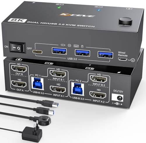 HDMI KVM Switch 2 PC 2 Monitore 8K@60Hz 4K@144Hz, mit 4 USB 3.0 ports