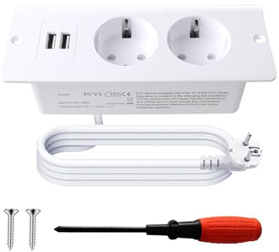 BouGPeng Presa da Tavolo da Incasso con 2 USB Presa da Tavolo a Scomparsa 2 Presa di Corrente da Incasso con Cavo da 1,5 M per Presa da Scrivania Cucina Tavolo Ufficio-Bianco