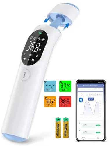 Termometro frontale e auricolare a infrarossi Bluetooth per adulti, bambini e neonati, termometro medico senza contatto con applicazione salute, allarme febbre, display LED, funzione 4 in 1