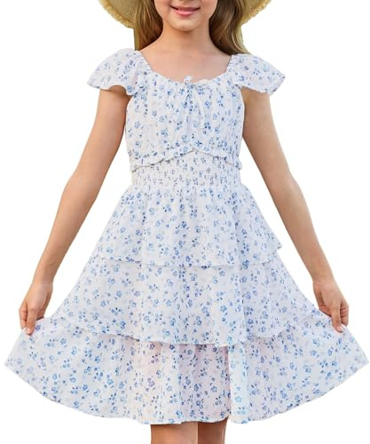 GRACE KARIN Girls Summer A-Line Tiered Floral Dress, Ruffle Sleeve Square Neck Midi Flower Girl Party Dresses 6-14 Years Blue Flowers 10-11 Years