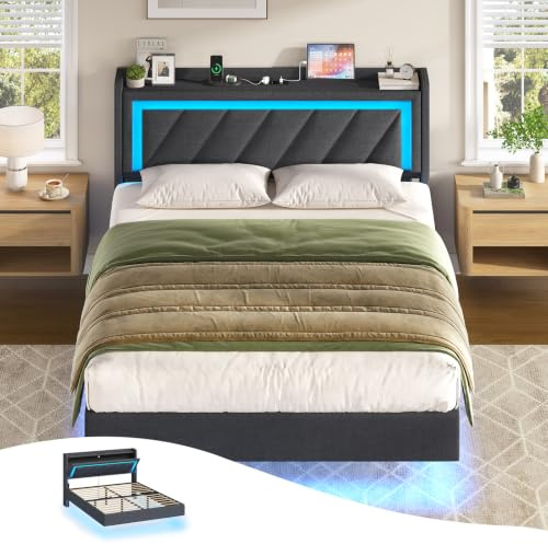 KIMENICH Polsterbett 140x200 cm,Schwebebett mit LED-Beleuchtung und Ladestation,Bett 140x200 mit Stauraum,Doppelbett mit Lattenrost,Bettgestell mit Kopfteil,Grau