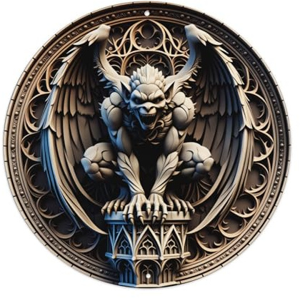 Gargoyle With Wings Perched On Gothic Archway Round Vintage Tin Sign,Retro Wall Art,Metal Poster for Home, Bar, Garage, Cafe, Rustic Indoor & Outdoor Decor, 8x8 Inches