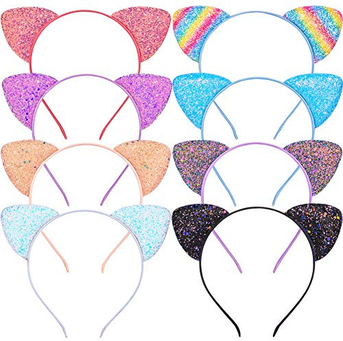 Beinou Katzenohren Stirnband 8 Stück Glitzer Katze Haar Hoops Sparkle Haarband Metall Kätzchen Haarreif Bling Haarschmuck für Mädchen Geburtstag Party Geschenk
