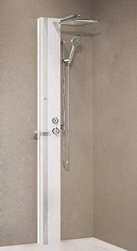 Novellini Duschsäule Line 1 Standard ohne Sitz mit Thermostat-Mischbatterie Farbe Weiß Matt Band Regal Silber Kopfbrause Ablage für Gegenstände Handbrause Größe 22 x 57,5 x Höhe 215 cm