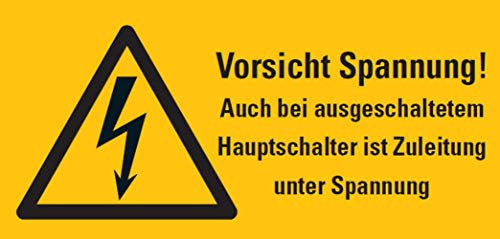 Warnaufkleber Vorsicht Spannung! Auch bei ausgeschaltetem Hauptschalter ist Zuleitung unter Spannung Schild Folie 37x74 / 52x105 / 74x148mm, signalgelb Made in Germany by MBS-SIGNS, Größe: 37x74 mm