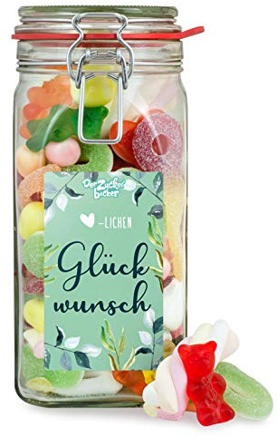 Herzlichen Glückwunsch Glas mit Süßigkeiten-Mix | Hübsches Design, Geschenk-Idee zum Gratulieren