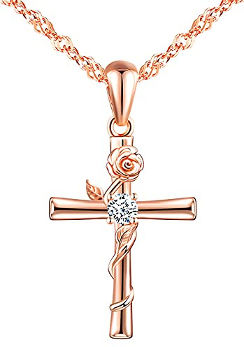 INFINIONLY 925 Silber damen kreuz halskette anhänger und ohrringe, klassische schmuck-sets rose-kreuz kette ohrstecker, frauen rosegold zirkon schmuck