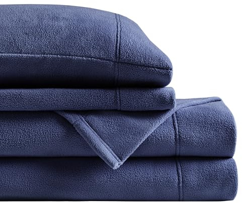 True North by Sleep Philosophy Juego de sábanas de Microforro Polar, cálido, sábanas con Bolsillo Profundo de 14 Pulgadas, para Temporada fría, Funda de Almohada a Juego, King, Azul Marino, 4 Piezas