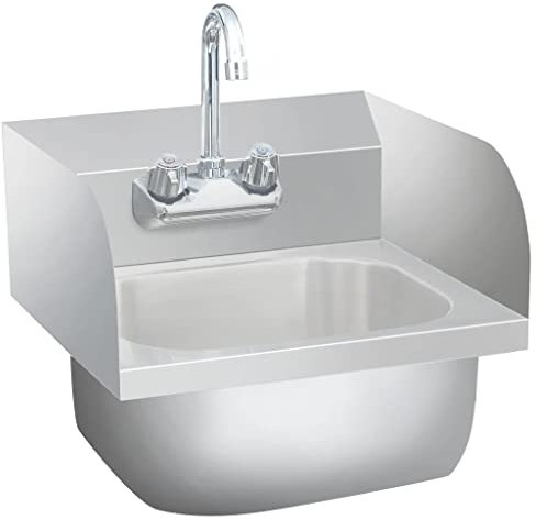 Tidyard Handwaschbecken aus Edelstahl mit Spritzschutz Aufkantung, Waschbecken zur Wandmontage mit Wasserhahn Mischbatterie, Ablaufschlauch-Set für Catering, Kantinenküchen, Werkstätten, Gartenhäuser