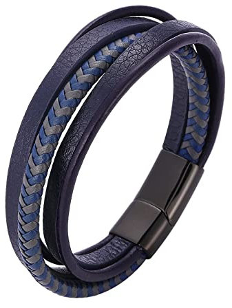Skcess Magnetarmband Herren Schwarz，Herrenarmband Leder Mehrschichtiges Lederarmband Rostfreier Stahl Männerarmband 20.5cm
