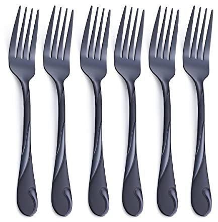Seeshine Kuchengabeln Schwarz, 17,5 cm Edelstahlene Glänzende Schwarze Metall Dessertgabeln, Kleine Salatgabeln, Spülmaschinenfest und Spiegelpoliert, Set von 6 Stück
