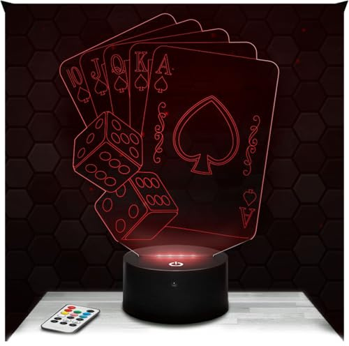 Lampephoto.fr - Lampe Casino-Pokerkarten 3D Nachtlicht Hologramm | Made in France, Sockel & Größe wählbar, dimmbar, Batterie-/USB-Betrieb, HD-Lasergravur, Geschenk für Sie & Ihn