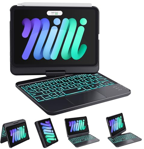 GreenLaw Keyboard Case for iPad mini 7 A17 Pro(2024) & Mini 6 (2021) 8.3, 360° Rotate Case for iPad mini 7th/6th Generation, Touchpad Keyboard with 7 Color Backlit, Type-C Rechargeable, Black