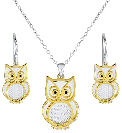 Personalisieren Sie Zwei Ton Vogel Tier Wise Graduate Baumelnden Eule Anhänger Halskette Baumeln Ohrringe Schmuck-Sets Für Jugendliche Für Frauen Teen Gelb 14K Vergoldet .925 Sterlingsilber Anpassbar