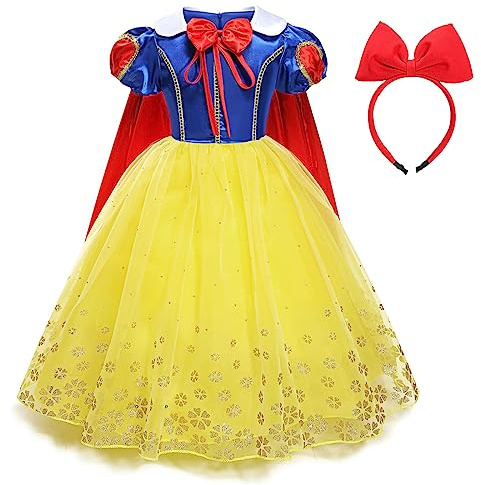 Kosplay Fille Robe de Princesse avec Capes et Bandeau Déguisement de Princesse Contes de Fées Costume Anniversaire Fête Halloween Noël Partie Carnaval Cosplay Enfant Robes de Soirée Jaune