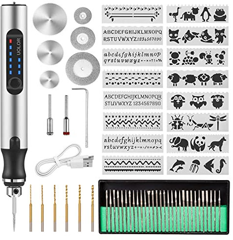 Uolor Kabellos USB Wiederaufladierbar Gravur Werkzeug Kit, Elektrischer Mini Graveur Gravurwerkzeug, Tragbar Graveur Gravurstift Multifunktionswerkzeug für Schmuck Glas Holz Kunststoff Metall Stein