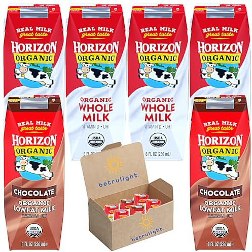 Horizon Organic Whole Milk | Shelf Stable Milk, Grass Fed Milk Assortment of Plain & Chocolate, Lowfat On-The-Go Milk Boxes for Kids & Adults| Calcium, Vitamin A, Vitamin D & 8g of Protein | 8 Fl Oz Pack of 6 | Every Order is Elegantly Packaged in a Signature BETRULIGHT Branded Box!