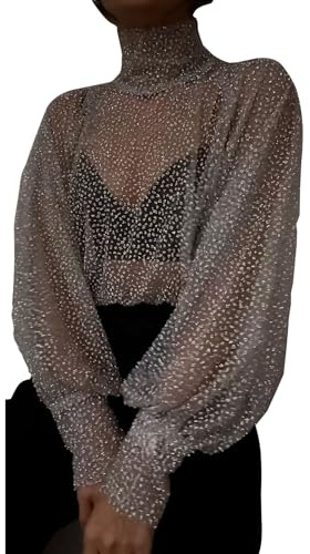 AVSMGP Maglietta Donna Trasparente Maglie in Rete Sexy Mesh Tops Collo Alto Girocollo Camicette Manica Lunga Clubwear Bluse Leggera Crop Top Basic Top Slim Fit T Shirt in Tulle,Bianca,XL