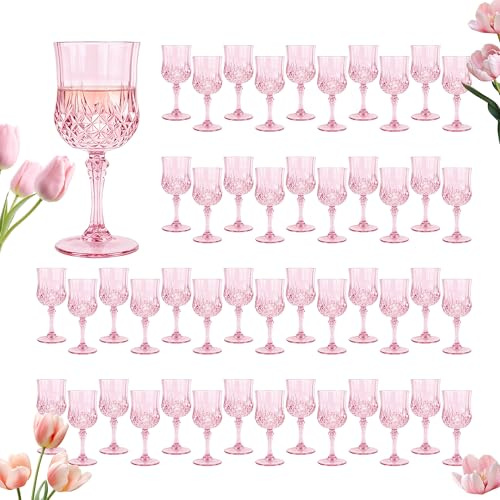 LEYIQU Plastic Wine Glasses, Plastic Goblets Vintage Style Cordial Drinking Glasses for Wedding Reception, Grand Event Party Supplies, Valentine’s Day (48, Pink)
