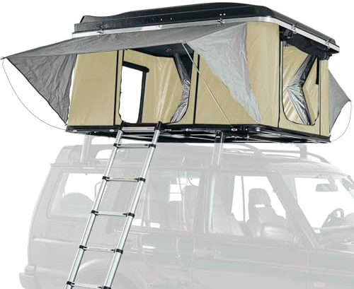 Prime Tech | Hartschalen-Autodachzelt Nevada Pro 210x135 cm Schwarz/Hell-beige | 3D-Mesh & 6cm Matratze | Ripstop-Zeltstoff | Automatik-Öffnung | Hardshell Dachzelt 47 kg