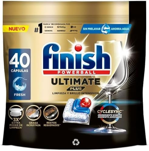 Finish Powerball Ultimate Plus All in 1. pastillas para el lavavajillas. tecnología Cyclesync. limpieza intensiva y brillo diamante. 40 pastillas