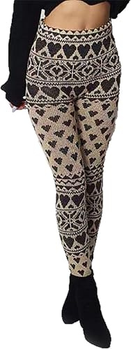 FAIRY TRENDZ LTD Dam full längd stickade leggings damer jul vinter snö mode Facncy byxor, Hjärta stickad sten, 40