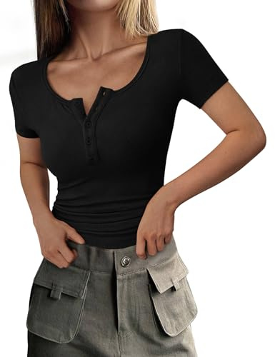 PRETTYGARDEN Womens 2026 Summer Short Sleeve Tops Ribbed Henley Button Slim Fit Basic Casual T Shirts Blouse Fashion Clothing (Black,Medium)