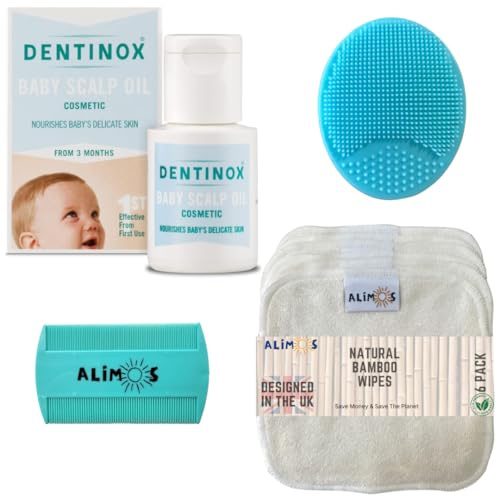 Dentinox Baby Scalp Oil Bundled with Alimos Cradle Cap Silicone Brush & Fine Tooth Comb – Moisturises & Nourishes Dry Skin – With 6 pack Bamboo Baby Wipes – 3 Months & Upward (30ml)