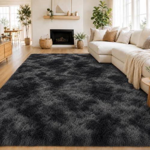 Hochflor Teppich Wohnzimmer 140x200cm, DunkelGrau Fuzzy Shaggy Flauschiger Teppich für Schlafzimmer Teppiche, Modern Plüsch Wohnzimmerteppich Bettvorleger High-Pile Carpet rutschfest für Kinderzimmer