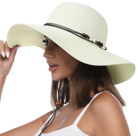 Creekstone Strohhut für Damen, Sonnenhut Breite Krempe, UPF 50+ UV Sonnenschutz, Faltbar Floppy Sommer-Strandhüte mit Windband