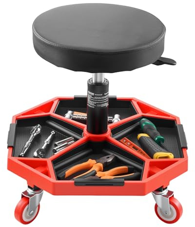 VEVOR Taburete Mecánico con Ruedas Carga de 136 kg Asiento de Garaje Altura Ajustable 420 y 550 mm Taburete de Trabajo con Bandeja para Herramientas para Taller, Reparación de Autos, Negro y Rojo