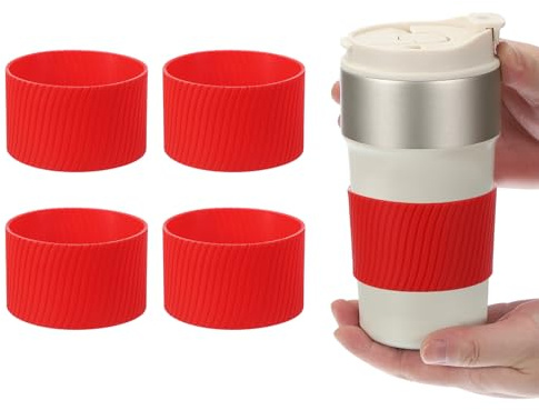 sourcing map 4Pack Coffee Cup Sleeves, Reusable Silicone Heat Resistant Cup Protective Sleeve Nonslip Mug Protector Cover for Home Travel Coffee Mug Glasses Water Bottle Boots, Red