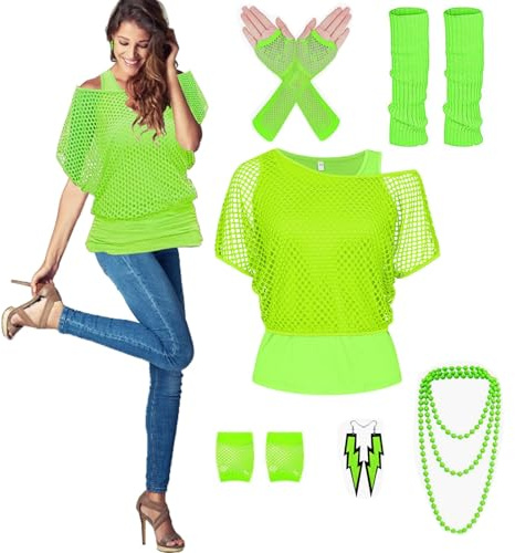 80er Jahre Outfits Damen Set,Netzshirt,Tank top,Beinwärmer,Netzhandschuhe,Ohrring, Halskette,80er Jahre Kostüm Outfits Netzoberteil Damen Tops Neon Shirt Thema Party Karneval (Grün, M)