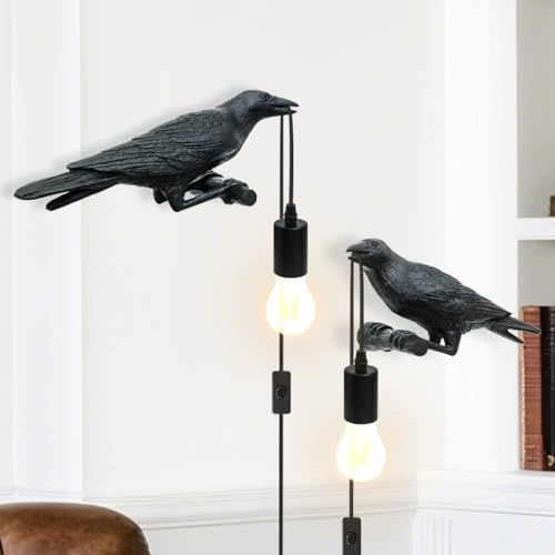 2er Set Raben Wandlampe Mit Stecker,Schwarze Vogellampe Wandleuchte,Raven Wandlampe Innen,Krähe Skulptur Wand Lampen Als Deko Beleuchtung Für Wohnzimmer Schlafzimmer Küche Büro Bauernhaus,E14 Lampe