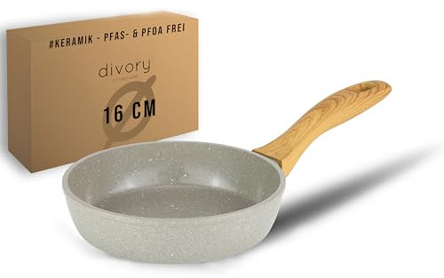 DIVORY Padella in ceramica 16 cm - piccola padella con rivestimento in ceramica, per fornelli a induzione, senza PFAS e PTFE, rivestita, lavabile in lavastoviglie, adatta al forno (Natura, 16 cm)