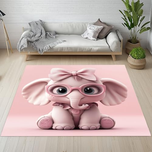 Generisch Rosa Elefant Waschbarer Teppich 200x280 cm, Lustige Cartoon Tiere Carpet Wohnzimmer Anti Rutsch Große Teppiche Schlafzimmer Weich Kurzflor Teppich Matte Kinderteppich Hs1v018