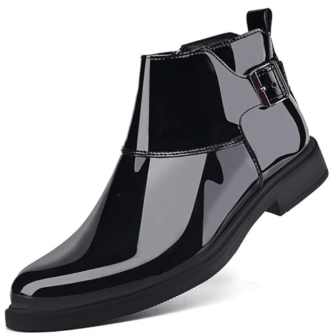 LJAIYI Men's Patent Leather Pointed Toe Dress Chelsea Boots Adjustable Buckle Inner Zipper Ankle Boots Casual Formal Business Booties (Black,12.5)
