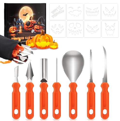 7 Stück Halloween Kürbis Schnitzset,kürbis Schnitzen Werkzeug Dekoration,Edelstahl Schnitzwerkzeug Kürbis,Kürbis Schnitzset für Kinder Erwachsene,Pumpkin Carving kit für Outdoor kürbis Deko