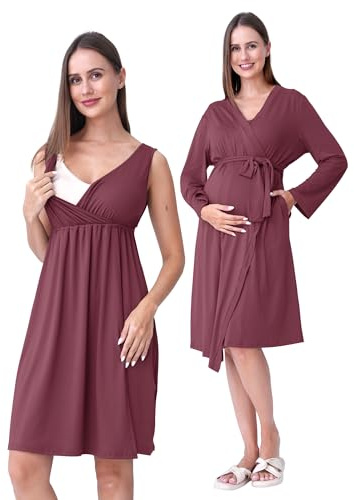 SUNNYBUY Chemise de nuit de grossesse et d'allaitement avec robe de chambre 2 pièces | Robe de nuit de grossesse 3 en 1 pour naissance, puerpéralité et allaitement, vêtement de nuit d'hôpital, rouge