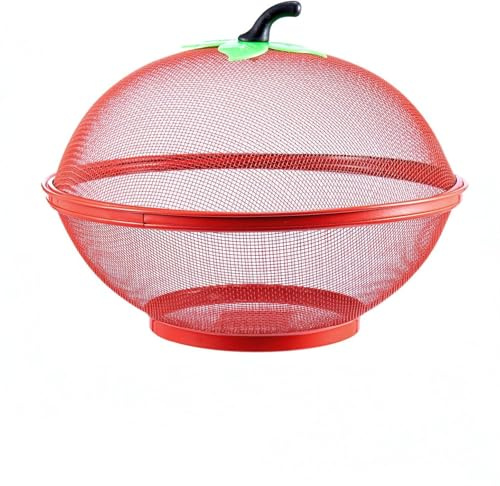 ECOVERDIC Apple-Shaped Fruit Basket with Lid - 28cm Red Stainless Steel Mesh Bowl, Rust-Proof Kitchen & Outdoor Fruit Cage with Cover to Keep Insects Out