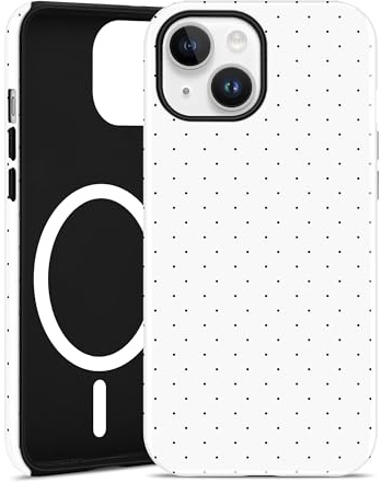 Jusy Mobiltelefonfodral magnetiskt för iPhone 14/iPhone 13 fodral, estetiska polkaprickar mönster motiv design, kompatibel med MagSafe tvåskikts stötsäkert stötdämpande fodral, vit